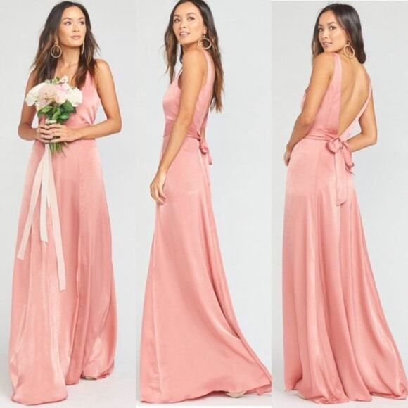 NWT Show Me Your Mumu Rustic Mauve Sheen Jenn Maxi Dress Small Deep V Neck Satin - Picture 1 of 13